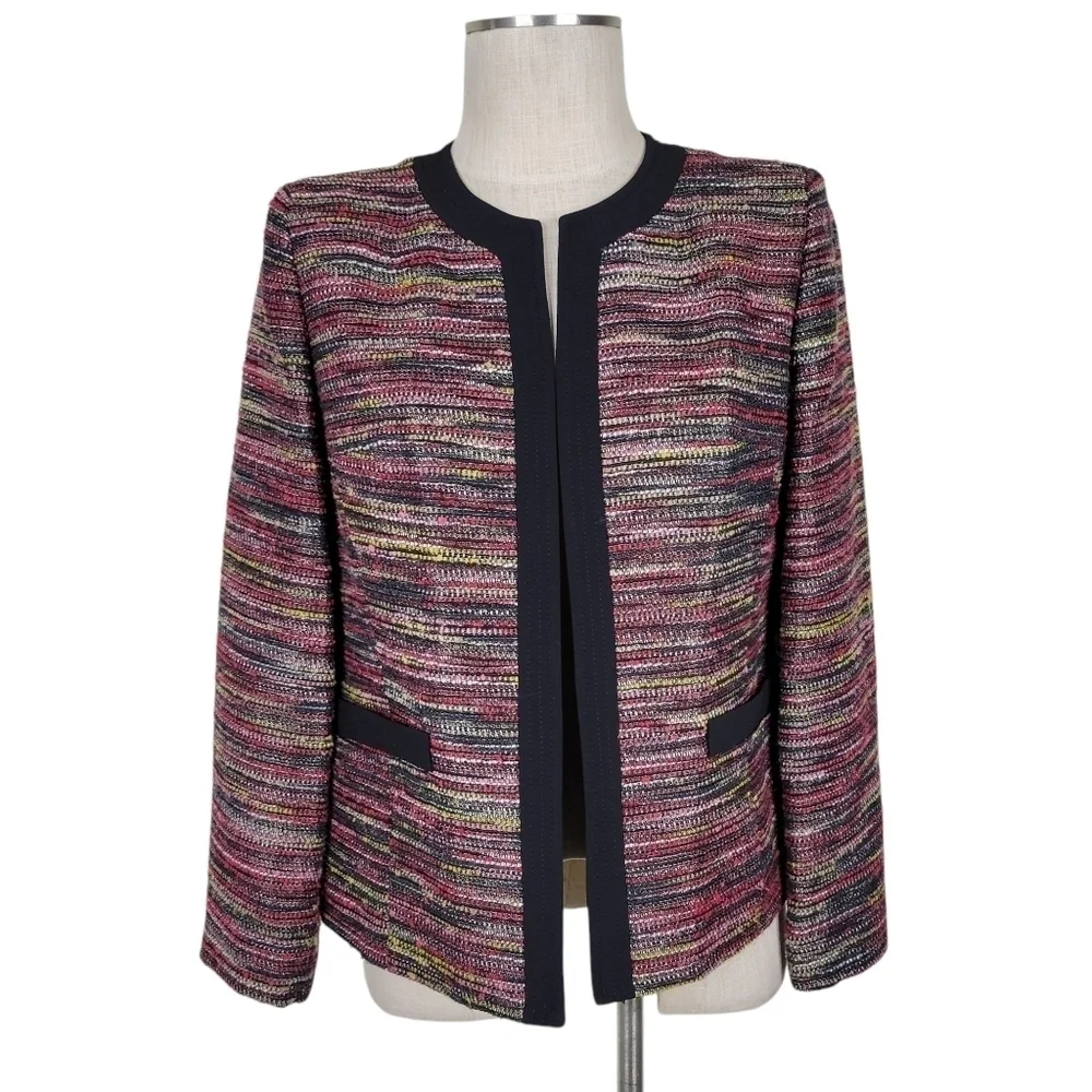 Kasper ASL Blazer Size 10P Multi Color Black Trim Textured Open Front Pockets